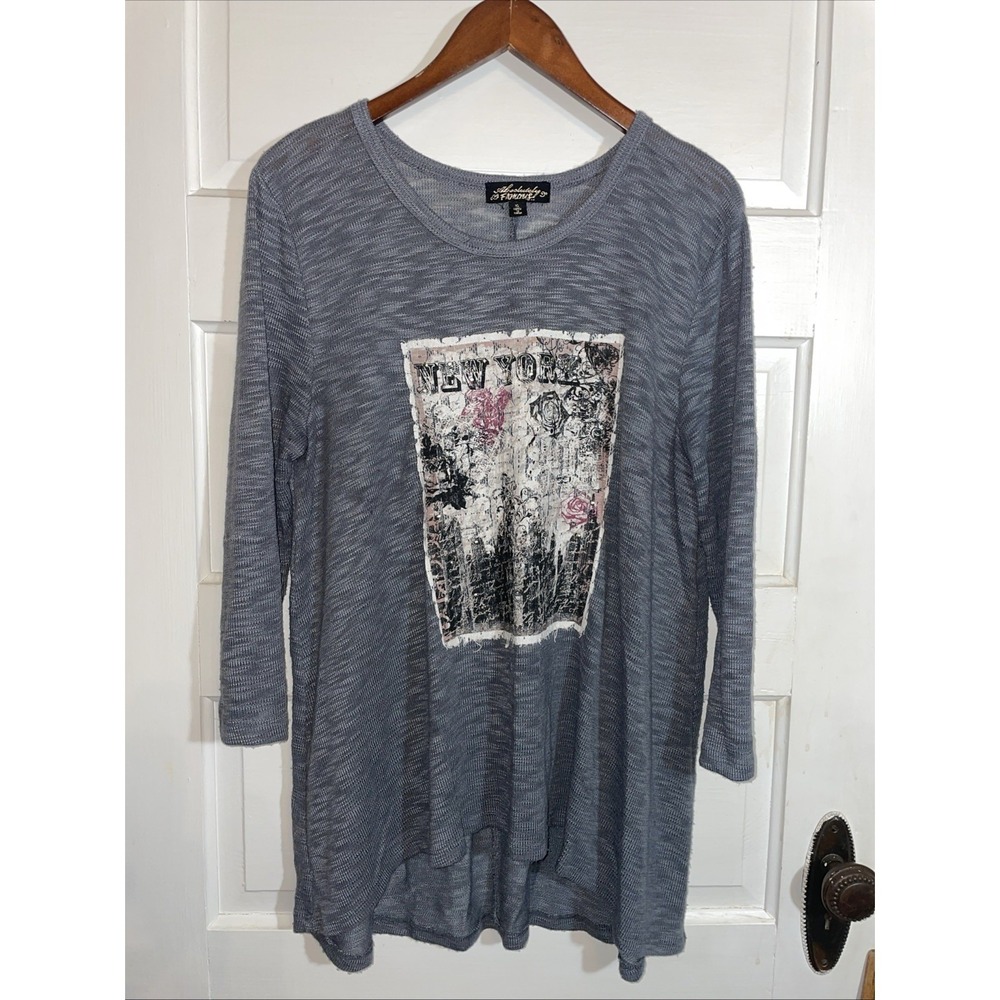 Absolutely Famous 3/4 sleeve blouse gray w sewn on patch XL